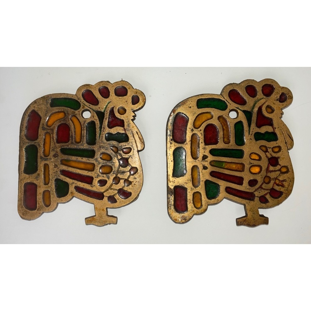 Rooster Trivet Cast Iron Stained Glass Gold Tone Colorful Vintage (2)